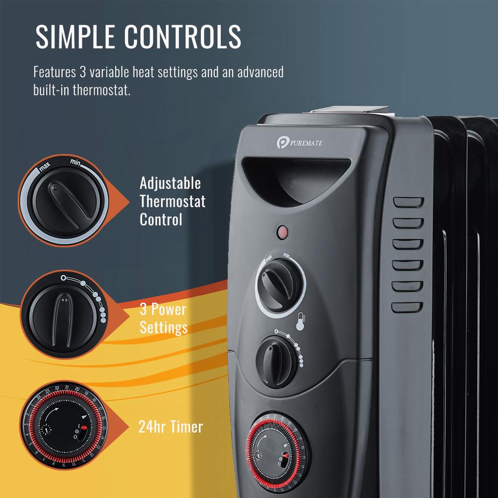 Oil Filled Radiator 2500W, Portable 11 Fin Electric Heater, 3 Power Se – PureMate