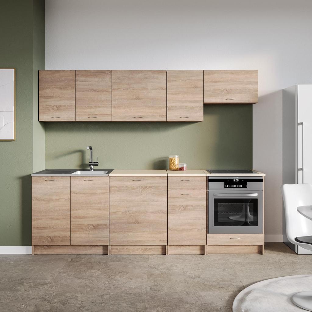 Cucina lineare 240 cm modulare rovere sonoma e top beige con pensili e base per forno - Sorbona