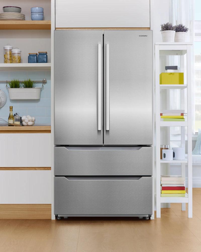 Cosmo 36" 4-Door French Door Refrigerator in Stainless Steel, 22.5 cu. ft., Ice Maker, COS-FDR225RHSS-G — American Fire Grill