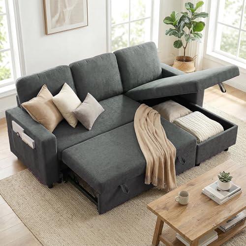 HOMCOM Sofa Bed with Storage, Convertible L Shaped Corner Sleeper Couch, 3 Seater Pull Out Sofa Bed with Reversible Chaise, Side Pockets for Living Room, Bedroom, Small Spaces, Charcoal Grey by Amazon | uFurnish.com